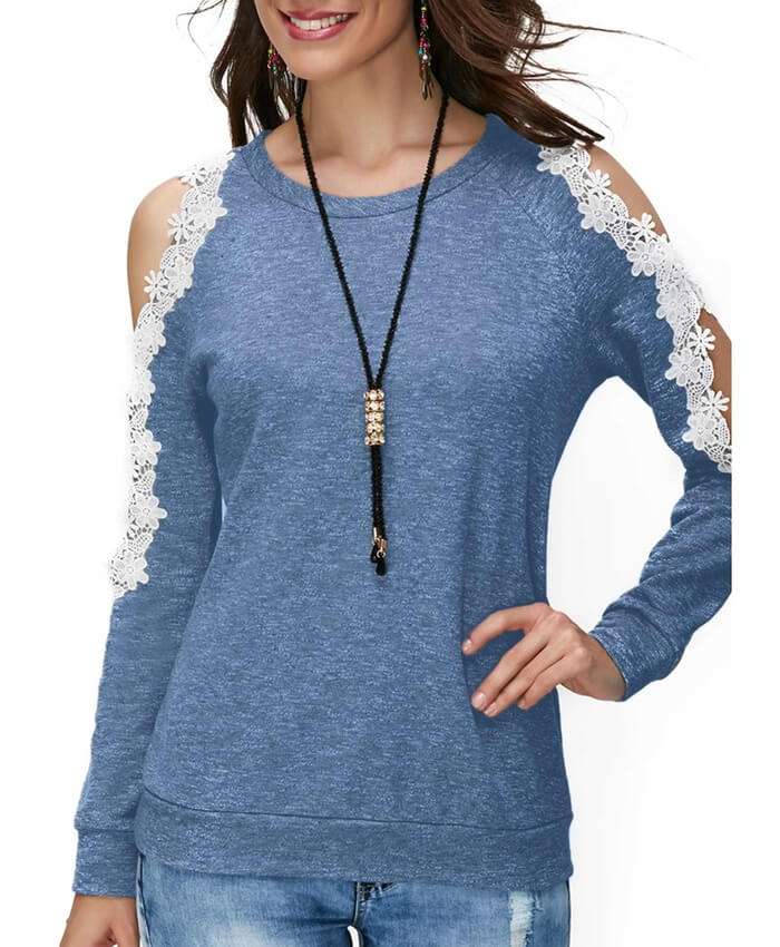 Cold Shoulder Lace Panel Blue Blouse